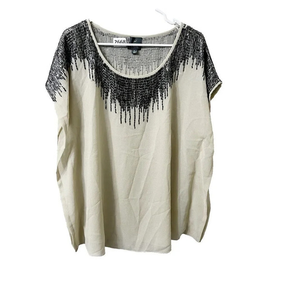 Adrianna Papell Womens Beige Blouse L Beaded Scoop Neck Pullover Top - Picture 1 of 8